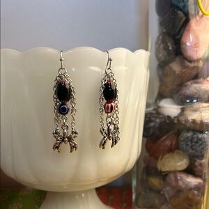 Silver and Black Spider Dangle Earrings